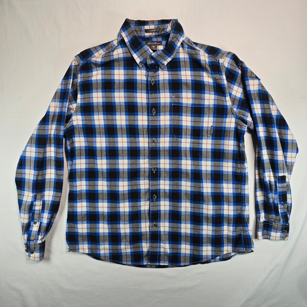 Eddie Bauer Mens Large Classic Fit Blue Plaid Flannel Button Down Shirt 0158
